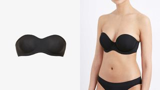 A product shot of a black strapless bra next to a picture of a model wearing the bra