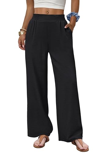 Sampeel Wide Leg Pants Woman Summer Trendy Casual Spring Linen Clothes Comfy Fashion Clothing Petite Long Palazzo Baggy Flowy Trousers Pants for Women Black Slacks Loose Fit Xs