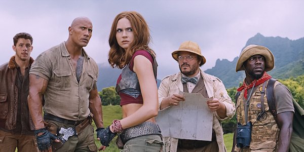 Jumanji: Welcome To The Jungle cast looks out into the jungle