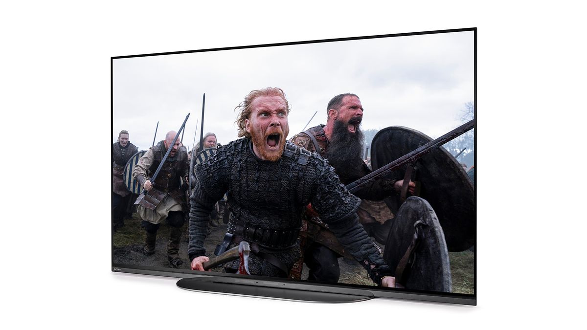 The Sony XR-42A90K OLED TV pictured against a white background. On the screen is a still from Vikings: Valhalla