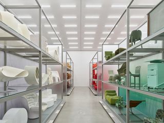 Colourful furniture on shelves, part of Vitra Design Museum installation