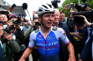 LIEGE BELGIUM APRIL 24 Remco Evenepoel of Belgium and Team QuickStep Alpha Vinyl celebrates at finish line as race winner during the 108th Liege Bastogne Liege 2022 Mens Elite a 2572km one day race from Lige to Lige LBL WorldTour on April 24 2022 in Liege Belgium Photo by Luc ClaessenGetty Images
