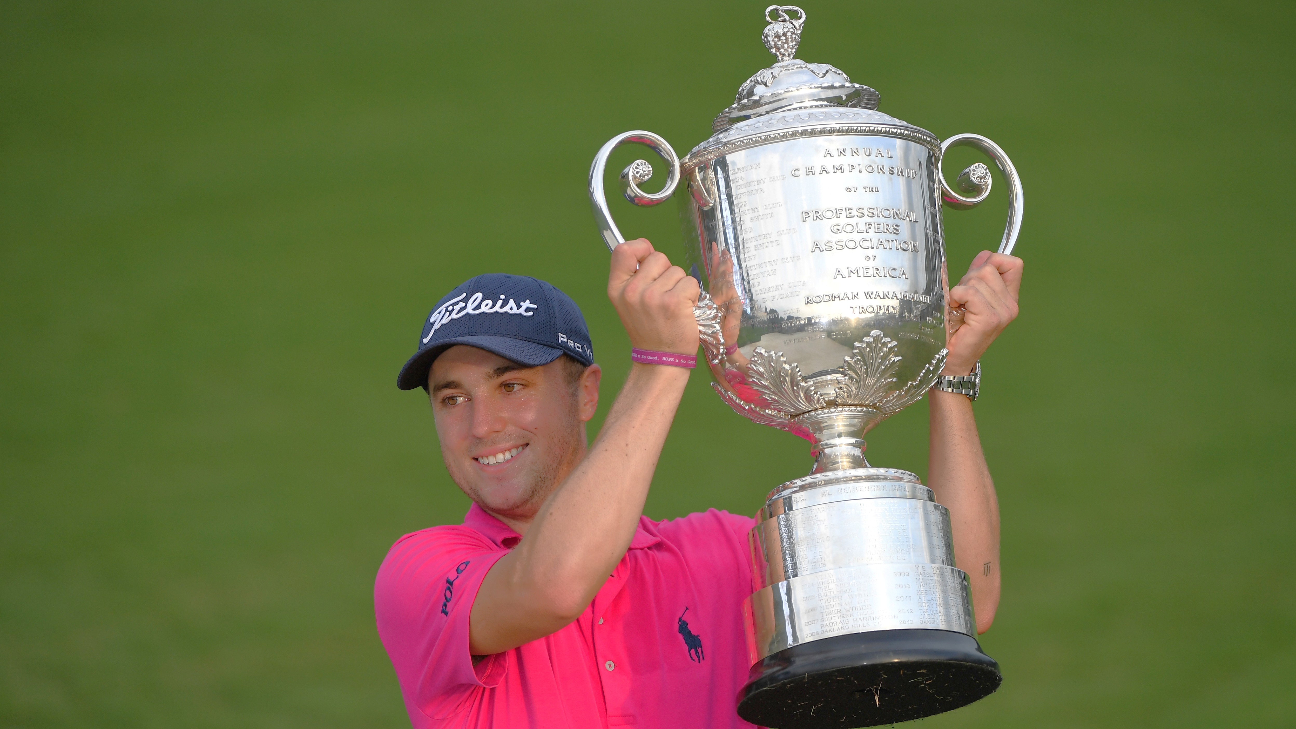 Justin Thomas with the Wanamaker Trophy after winning the 2017 PGA Championship