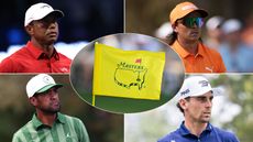 Tiger Woods, Rickie Fowler, Tony Finau and Joaquin Niemann along with a yellow Masters flag