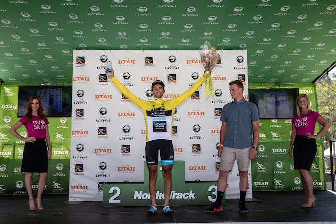 James Piccoli (Elevate-KHS) takes the first leader's yellow jersey after winning the prologue at the 2019 Tour of Utah