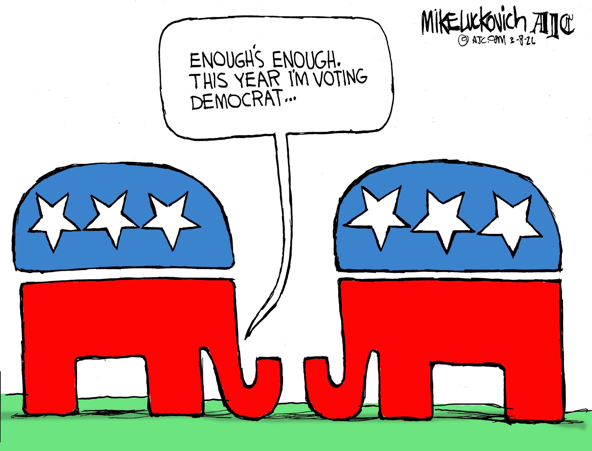 
                                Two Republican logos (shaped like elephants with stars) face each other. One says to the other, “Enough’s enough. This year, I’m voting Democrat…”
                            