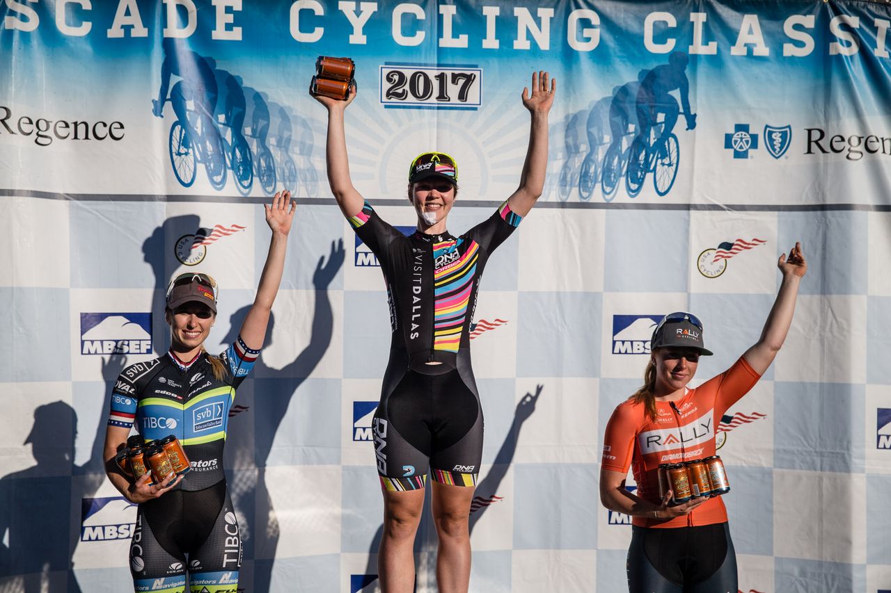 The women's podium for stage 4 of the Cascade Cycling Classic
