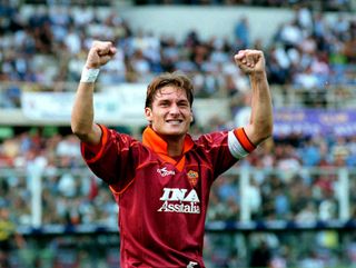 Francesco Totti celebrates after scoring for Roma against Fiorentina in October 1999.