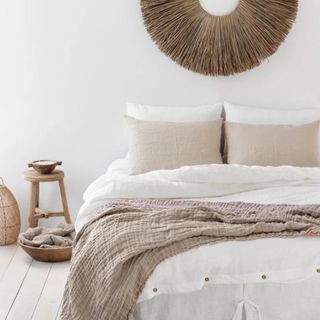White & Natural Bedding Bundle on a bed against a white wall.