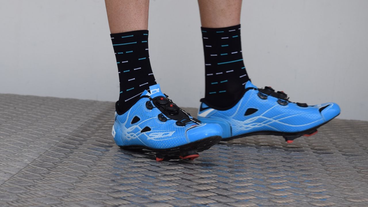 Chris Froome appears to be wearing an update of the Sidi Shot, which he debuted at the Dauphine last year. Extra perforations perhaps point to a lighter weight, hot weather version