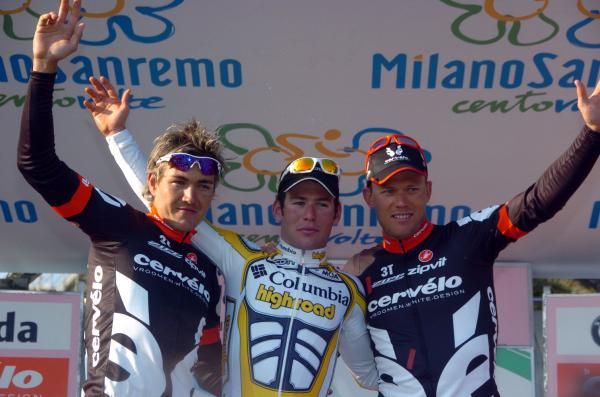 2009 MIlan-San Remo podium (L-R): Heinrich Haussler, 2nd; Mark Cavendish, 1st; Thor Hushovd, 3rd