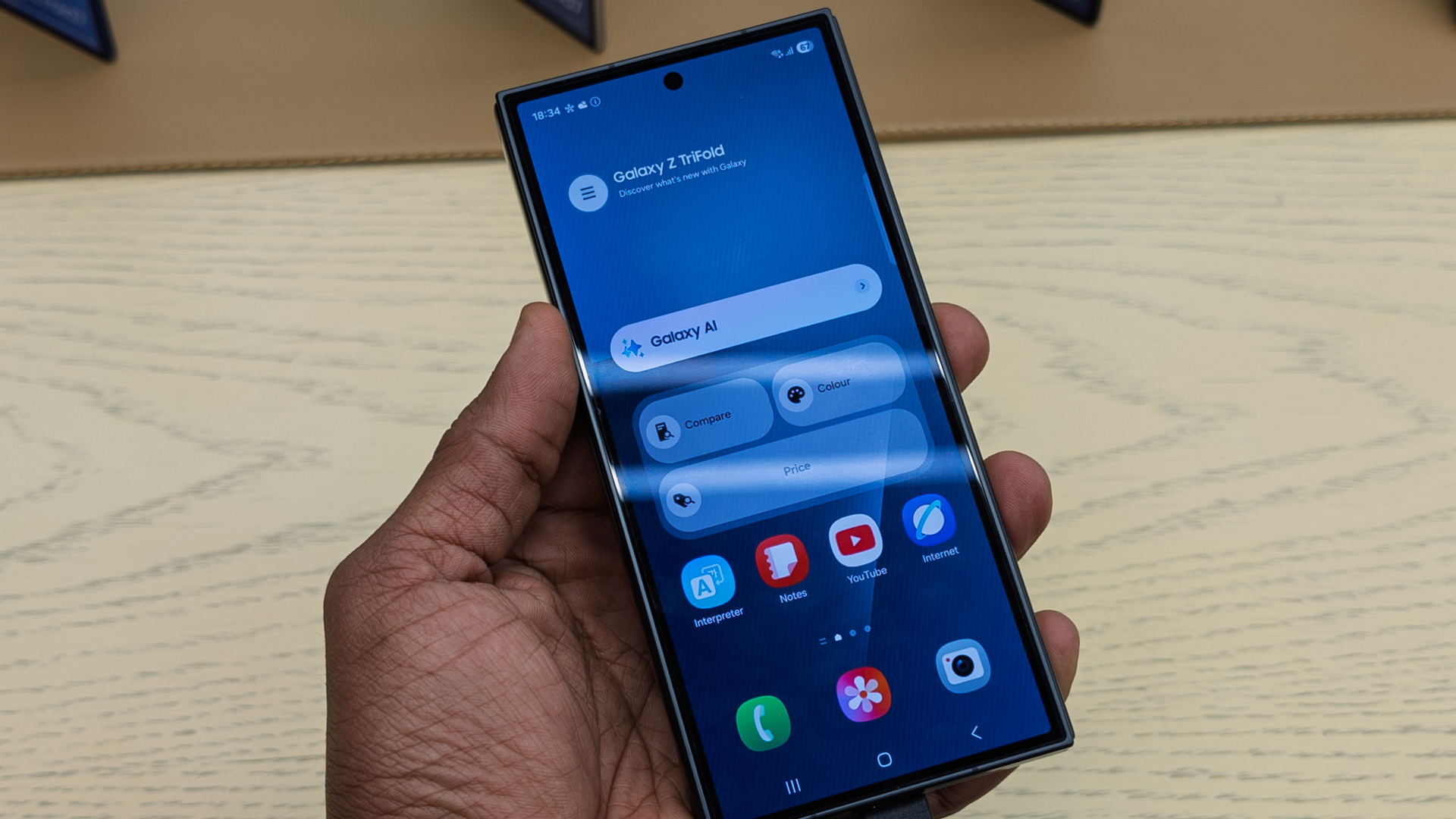 Samsung Galaxy Z TriFold on display at a Samsung store in Dubai Hills Mall, Dubai, UAE.