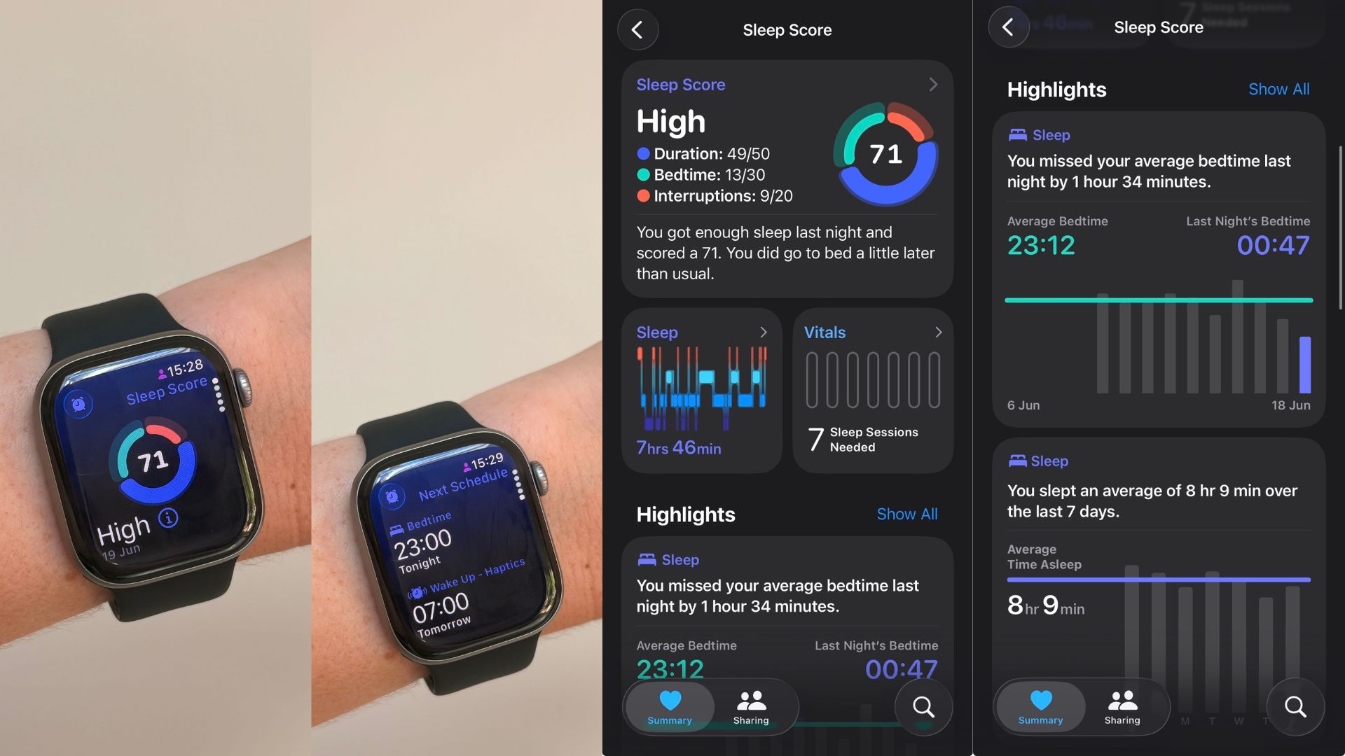Grace Walsh wearing Apple Watch Series 11 next to screenshots from the Health app