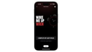 A marketing mock-up for the upcoming Ultrahuman PowerPlug called Smart Alarm on a smartphone. It shows the words "Wake Me Up When" followed by different options like "I complete my sleep cycles" and "I pay off sleep debt."