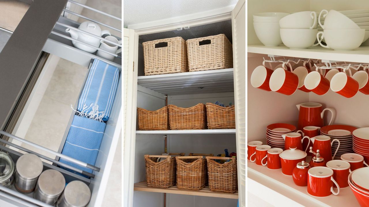  composite of three kitchen storage solutions 