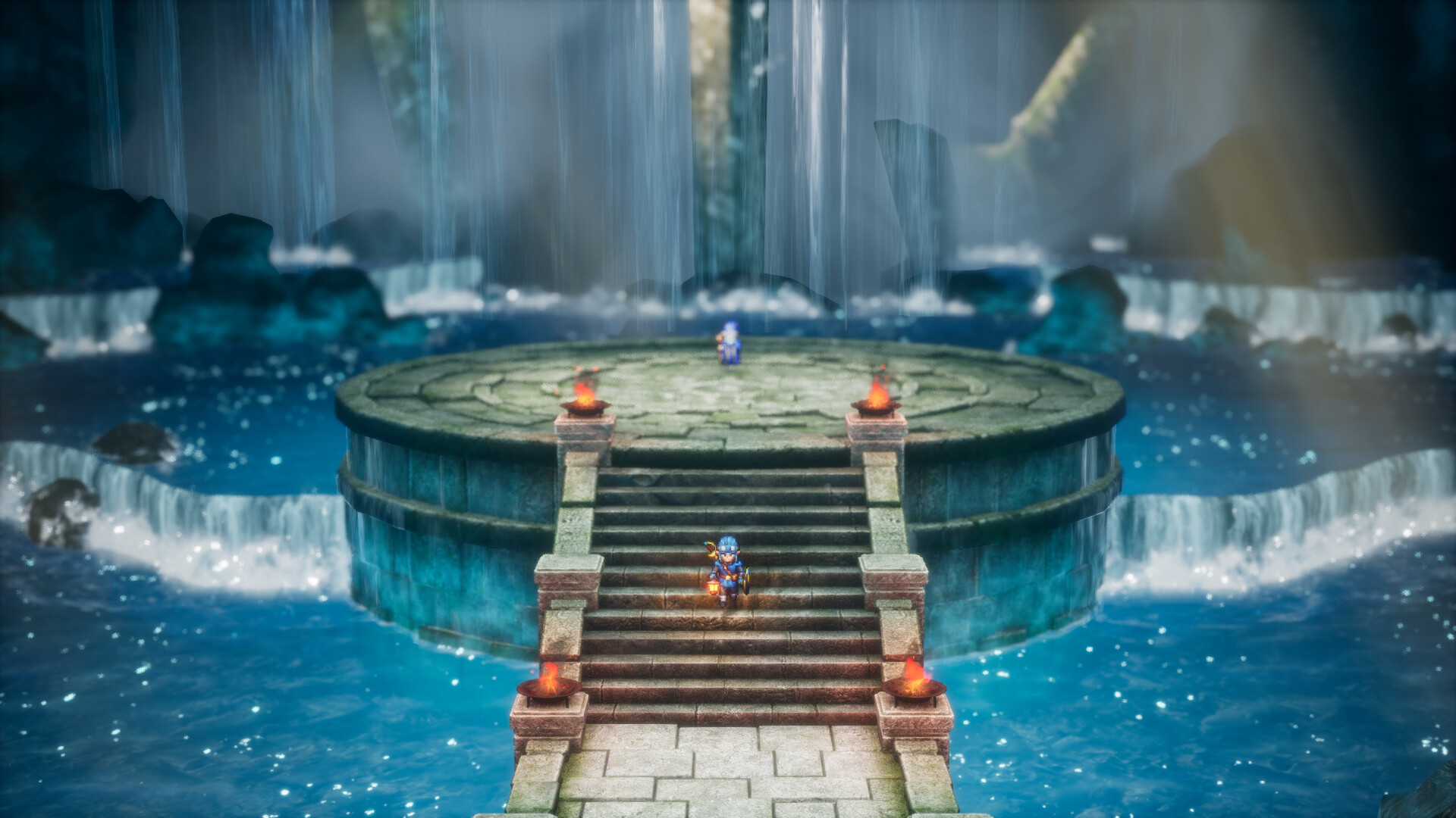 The hero walking away from a giant waterfall with a man behind him during the RPG, the Dragon Quest 1 &amp;amp; 2 HD-2D Remake