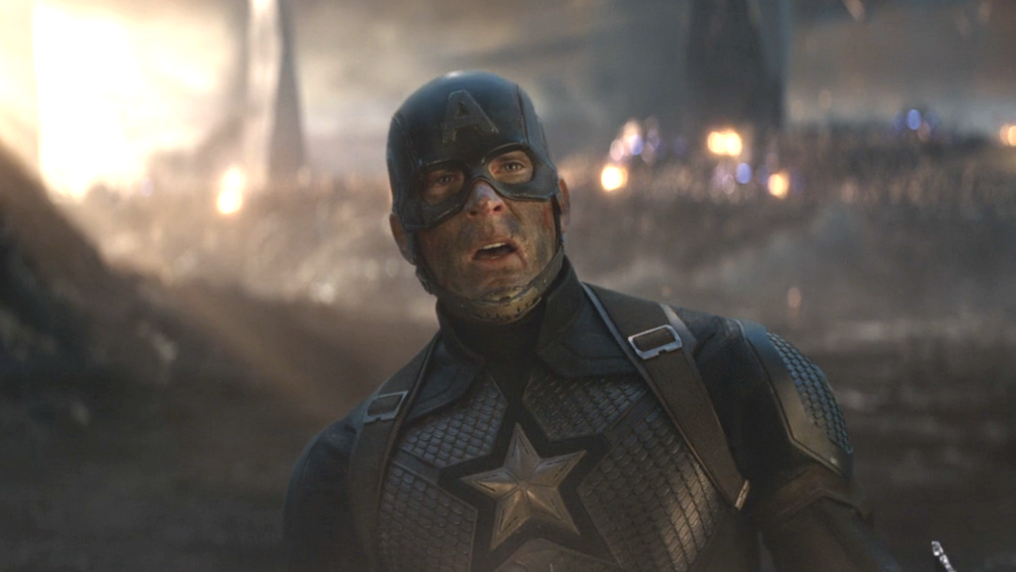 Captain America looking shocked when T'Challa appears in a portal during Endgame. 