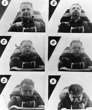Col. John P. Stapp comes to the end of his record-setting rocket sled test at the Holloman High Speed Test Track, Dec. 10, 1954, as shown in this series of photos.