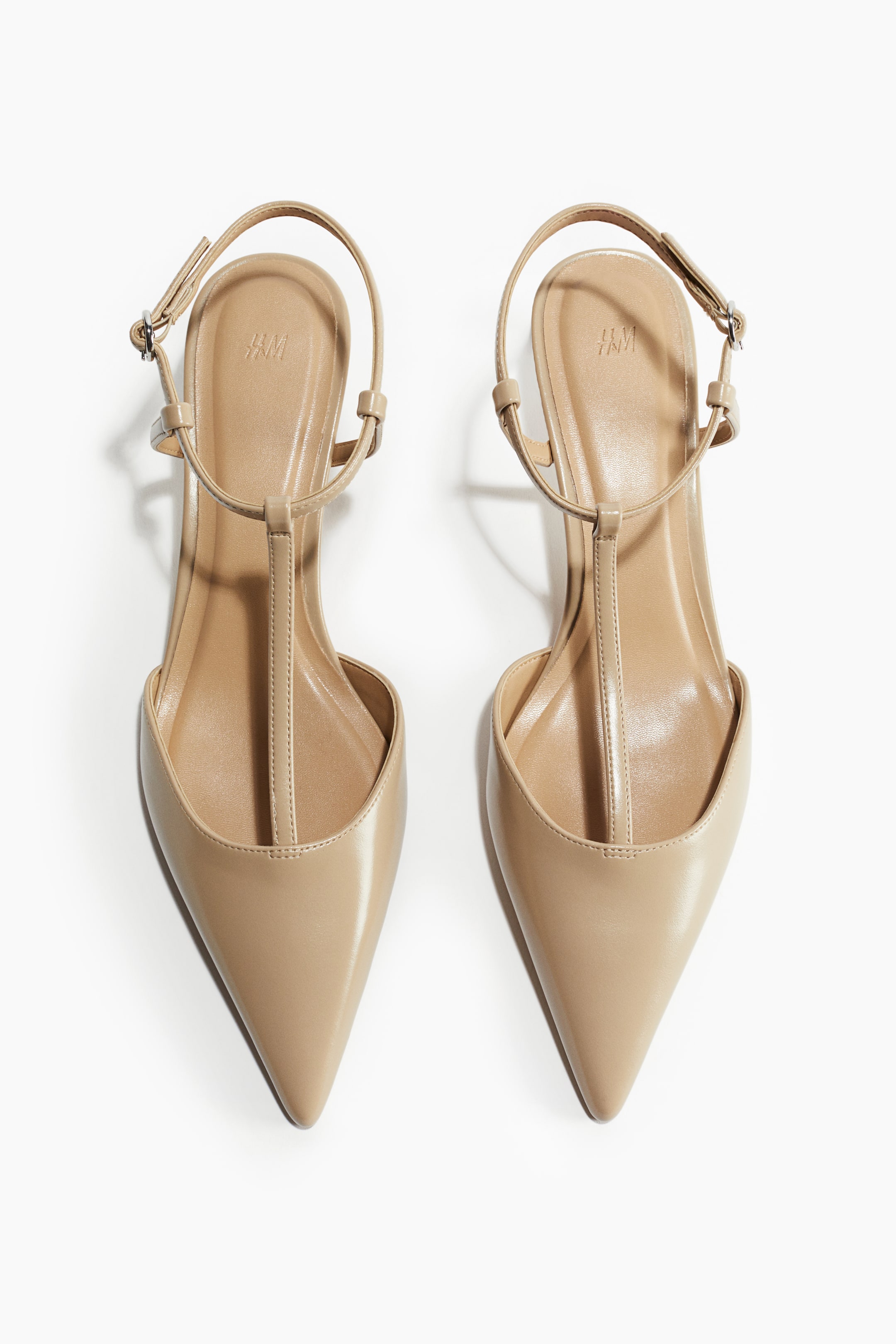 Pointed T-Strap Court Shoes - Beige