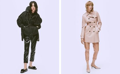 Tod's x Allessandro Dell'Acqua S/S 2019 models in black leather trousers with black parka and black leather loafers, and light pink trench coat with stilettos 