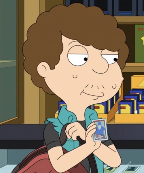Snot showing Klaus a Sandy Koufax card while standing in a sports card store in American Dad Season 21