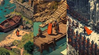 Screenshots from of fake AI-generated animation from a video game advert showing a detailed line art style 