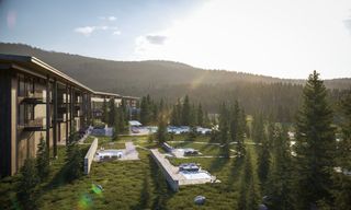 Hotel in forested Montana landscape