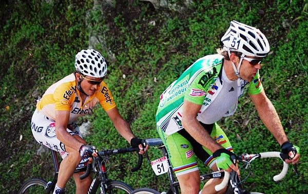 Santiago Botero (right) and Oscar Sevilla climb during the tough stage six, which was won by Jose Rujano.