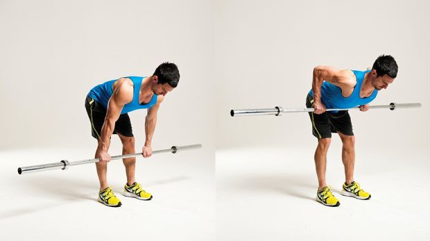 Man demonstrates two positions of the bent-over row using an empty Olympic barbell