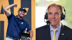 (left) Bryson DeChambeau celebrates winning LIV Golf South Africa in 2026 (right) Jim Nantz smiles while wearing his broadcasting headset