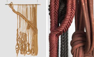 Left: 'Study for Embarcadero,' 1970, natural manila. Right: 'Untitled (Purple),' 1981, cotton piping cord and dyed manila