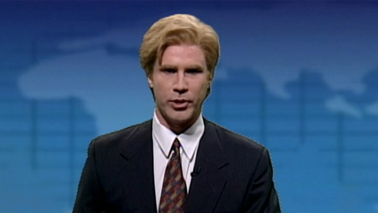 Will Ferrell in a suit and tie on a Weather Channel parody on SNL