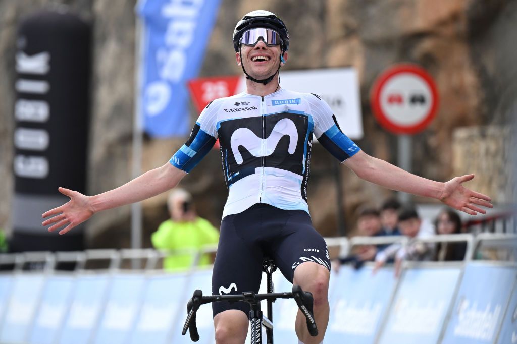 ALPUENTE SPAIN FEBRUARY 07 Ivan Romeo of Spain and Movistar Team celebrates at finish line as stage winner during the 76th Volta a la Comunitat Valenciana 2025 Stage 3 a 1803km stage from Algemesi to Alpuente 958m on February 07 2025 in Alpuente Spain Photo by Szymon GruchalskiGetty Images