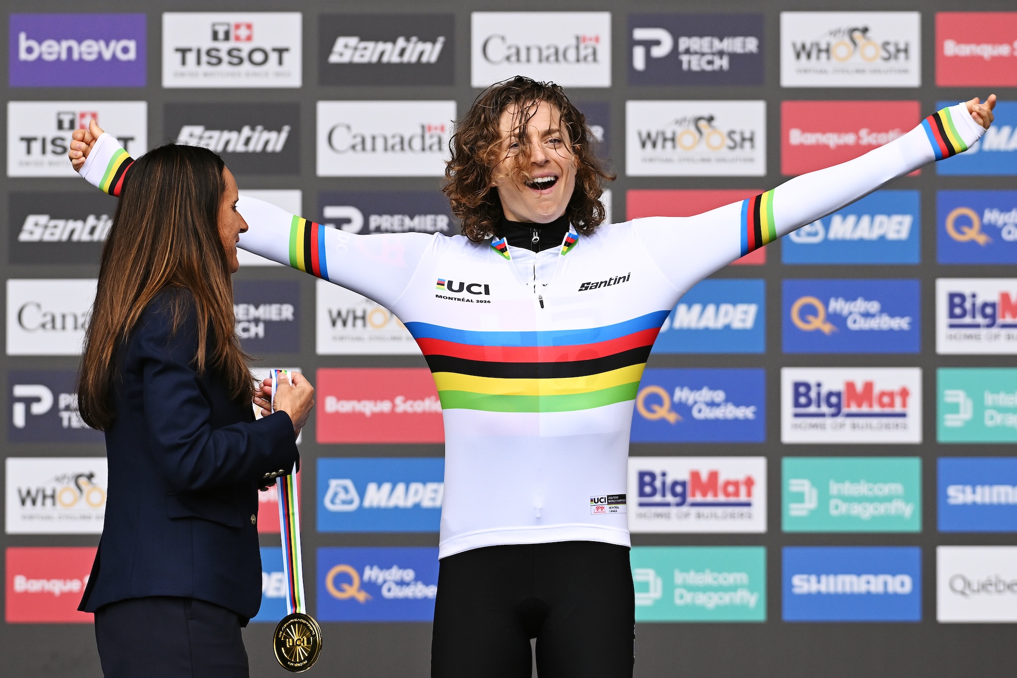 Gold medalist Marlen Reusser of Team Switzerland celebrates on the podium after a second ITT elite women's victory at UCI Road World Championships 