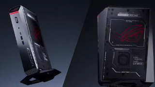 Slightly pixelated teaser images of the upcoming Asus ROG NUC mini PC. Wi-Fi router-like in appearance with flashy stickers in red and silver around the black exterior.