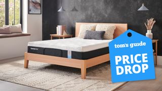 A Tempur-Pedic Tempur-Essential mattress on an EASE power base and bed frame in a bedroom, a TOm's Guide price drop deals label (right)