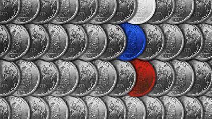 An illustration of Russian roubles with one white, one blue and one red to represent the Russian flag