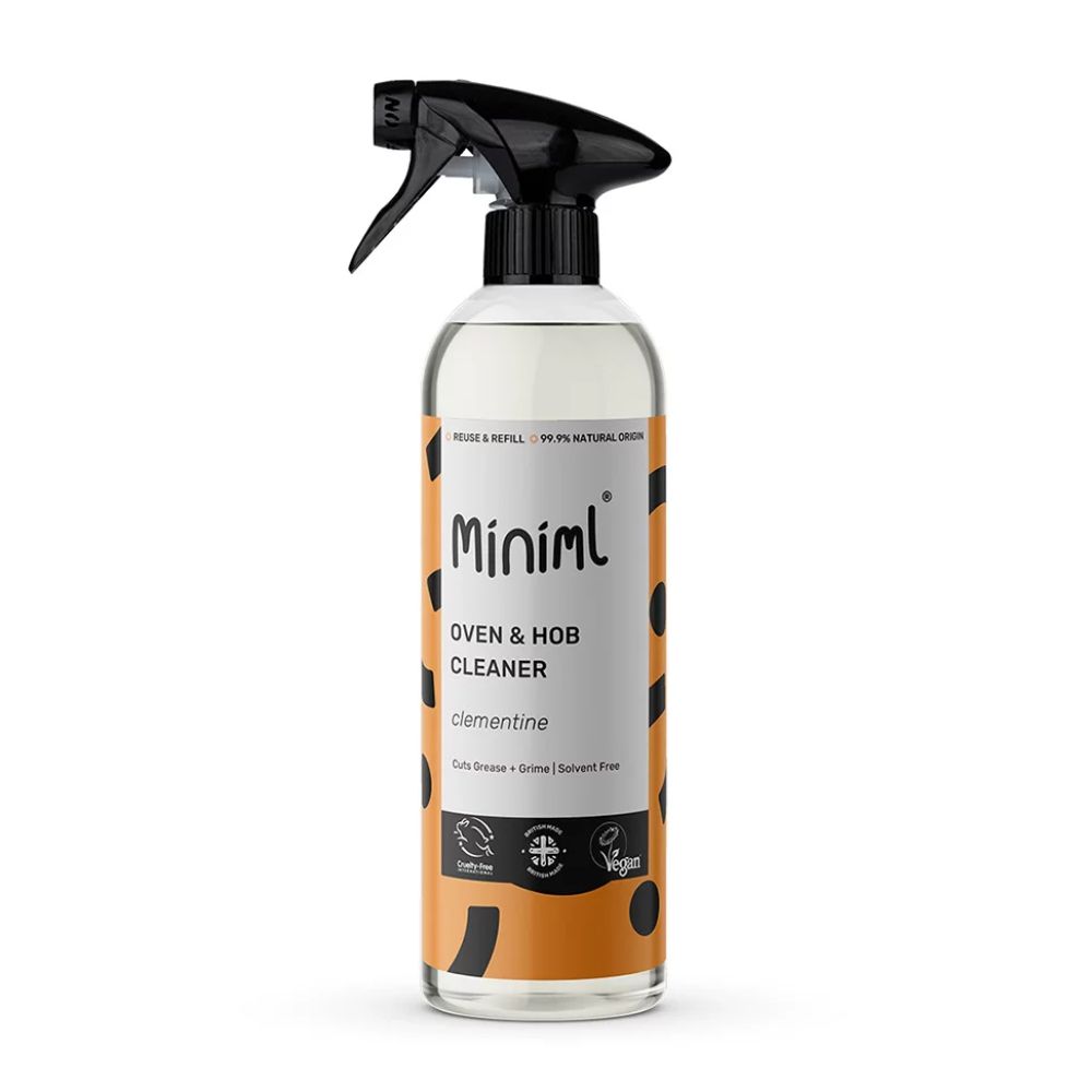 A clear spray bottle of Miniml Oven &amp;amp; Hob Cleaner with a black trigger nozzle