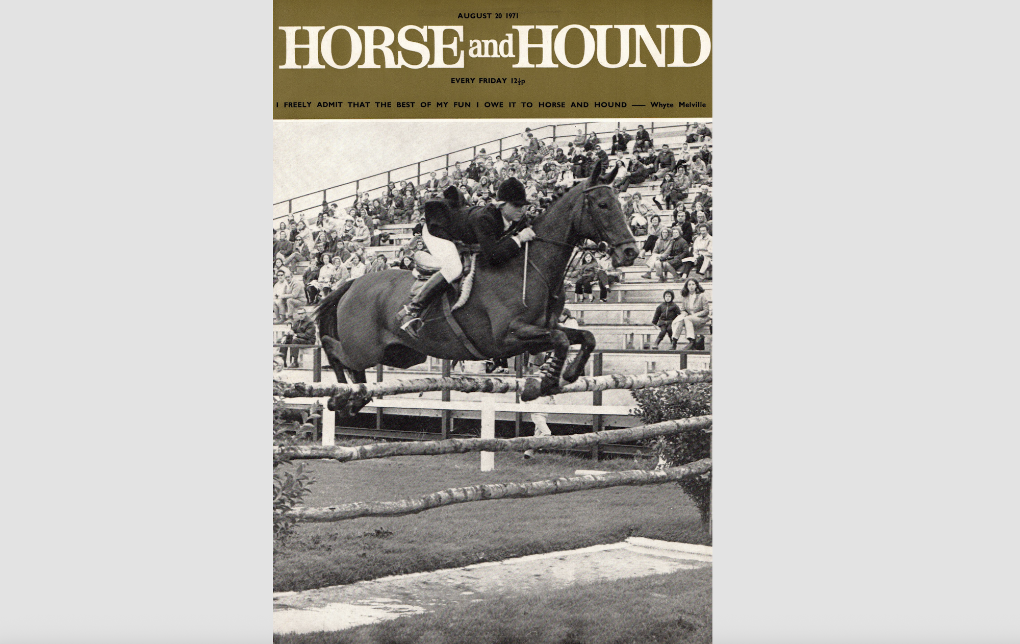 The cover of Horse &amp;amp; Hound showing Ann Moore and Psalm the year of Harvey Smith's v sign.