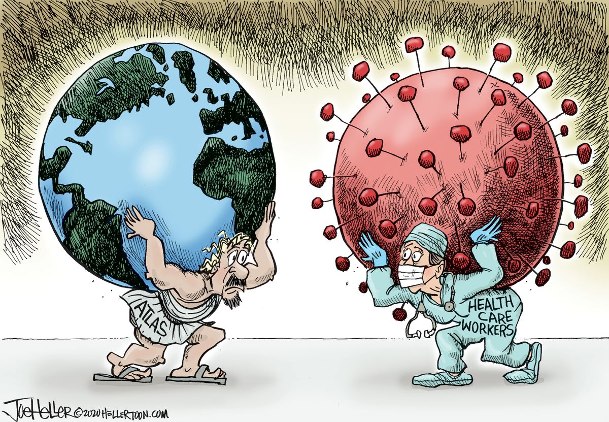 Editorial Cartoon World Atlas Earth Coronavirus healthcare workers ...