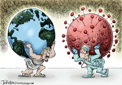 Editorial Cartoon World Atlas Earth Coronavirus healthcare workers pandemic heavy lifting