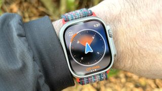 Close-up of the Apple Watch Ultra 3 showing the AllTrails hiking app