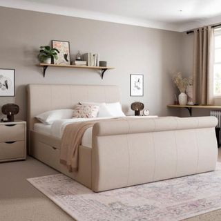 upholstered sleigh bed in neutral bedroom