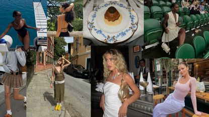 Collage of women at a tennis match, swimming pool, garden, French bakery, and cocktail bar 