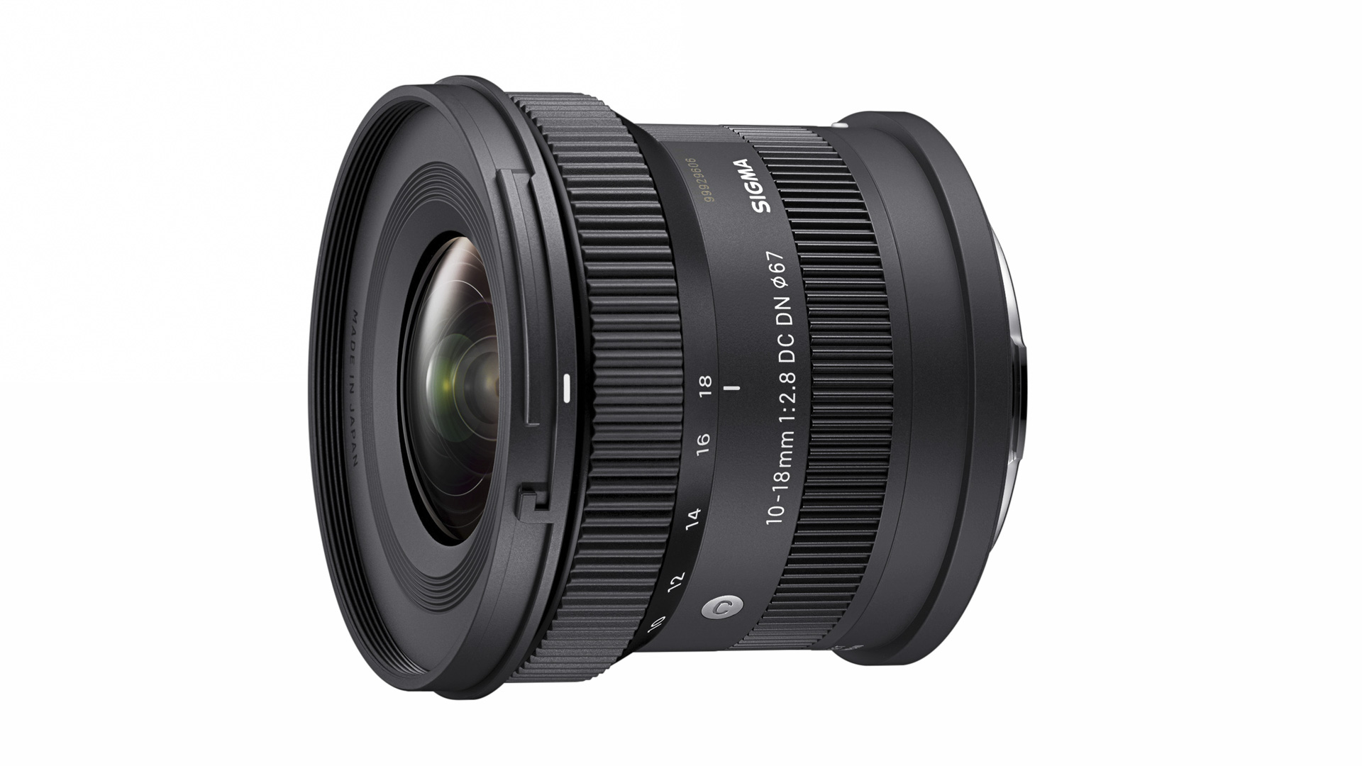 Sigma 10-18mm f/2.8 DC DN lens on a white background