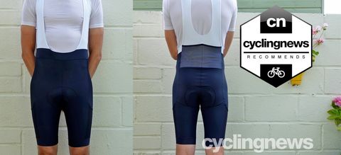 Front and rear angles of Writer wearing Rapha Core Cargo bib shorts, with image overlaid with 'recommends' badge