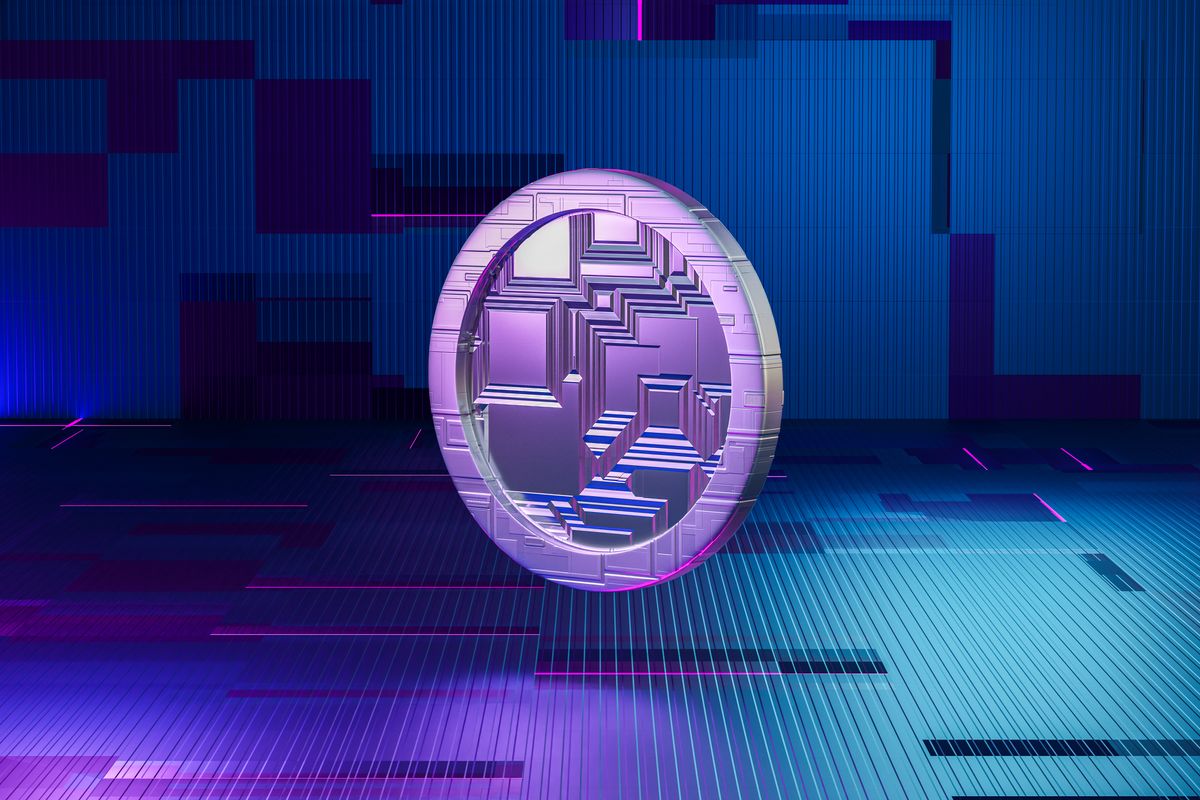 Cryptojacking: A neon purple, fragmenting cryptocurrency token is hovering above the ground in a futuristic looking room