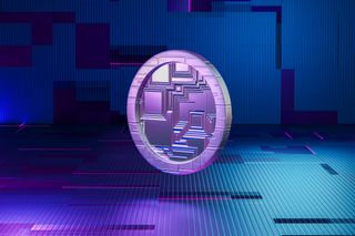 Cryptojacking: A neon purple, fragmenting cryptocurrency token is hovering above the ground in a futuristic looking room