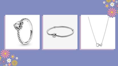a purple collage image, featuring a selection of Pandora products from early Pandora Black Friday deals, in white squares