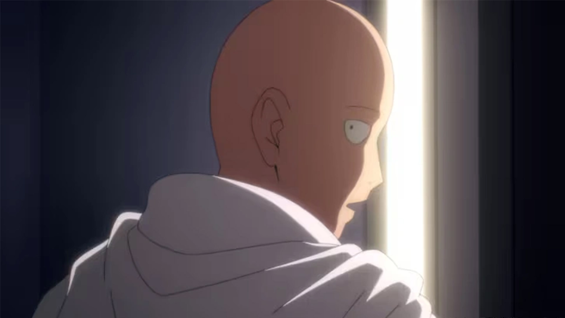 An anime character looks behind them with a strip of light covering half their face
